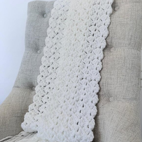 Hand Crocheted Boho  Scarf Extra Long with Fringe . Lightweight and cozy .
